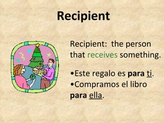 Recipient Recipient:  the person that  receives  something. • Este regalo es  para   ti . • Compramos el libro  para   ella . 