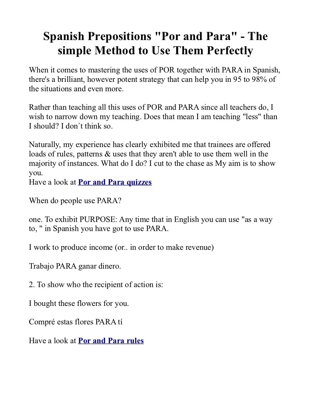 Spanish Prepositions "Por and Para" The simple Method to Use Them Perfectly