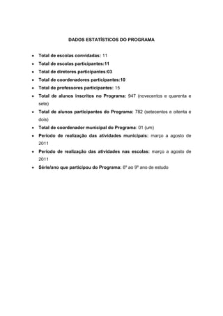 DADOS ESTATÍSTICOS DO PROGRAMA


Total de escolas convidadas: 11
Total de escolas participantes:11
Total de diretores participantes:03
Total de coordenadores participantes:10
Total de professores participantes: 15
Total de alunos inscritos no Programa: 947 (novecentos e quarenta e
sete)
Total de alunos participantes do Programa: 782 (setecentos e oitenta e
dois)
Total de coordenador municipal do Programa: 01 (um)
Período de realização das atividades municipais: março a agosto de
2011
Período de realização das atividades nas escolas: março a agosto de
2011
Série/ano que participou do Programa: 6º ao 9º ano de estudo
 