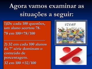Agora vamos examinar as situações a seguir: 1)De cada 100 questões, um aluno acertou 78. 78 em 100=78/100 ____________________ 2) 32 em cada 100 alunos da 7ª série dominam o conteúdo de porcentagem. 32 em 100 =32/100 