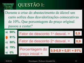26/04/14 Porcentagem - Professor Alexandre Faé 11
QUESTÃO 1:
Durante a crise do abastecimento de álcool um
carro sofreu duas desvalorizações consecutivas
de 10%. Que porcentagem do preço original
passou a custar?
a) 90%
b) 81%
c) 80%
d) 79%
e) 0%
Fator de desconto 1a
desval. = 0,9
Fator de desconto 2a
desval. = 0,9
Porcentagem do
preço inicial =
0,9∙0,9 = 0,81 = 81%
 