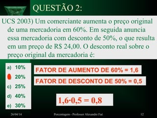 26/04/14 Porcentagem - Professor Alexandre Faé 12
QUESTÃO 2:
UCS 2003) Um comerciante aumenta o preço original
de uma mercadoria em 60%. Em seguida anuncia
essa mercadoria com desconto de 50%, o que resulta
em um preço de R$ 24,00. O desconto real sobre o
preço original da mercadoria é:
a) 10%
b) 20%
c) 25%
d) 40%
e) 30%
FATOR DE AUMENTO DE 60% = 1,6
FATOR DE DESCONTO DE 50% = 0,5
1,6∙0,5 = 0,8
 