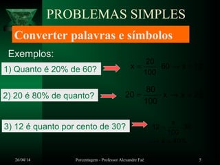 26/04/14 Porcentagem - Professor Alexandre Faé 5
PROBLEMAS SIMPLES
12x60
100
20
x =→⋅=
25xx
100
80
20 =→⋅=
Converter palavras e símbolos
Exemplos:
1) Quanto é 20% de 60?
2) 20 é 80% de quanto?
3) 12 é quanto por cento de 30?
%40x
30
100
x
12
=→
⋅=
 