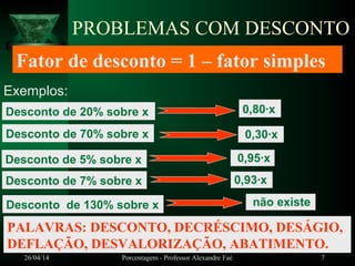 26/04/14 Porcentagem - Professor Alexandre Faé 7
PROBLEMAS COM DESCONTO
Fator de desconto = 1 – fator simples
PALAVRAS: DESCONTO, DECRÉSCIMO, DESÁGIO,
DEFLAÇÃO, DESVALORIZAÇÃO, ABATIMENTO.
Exemplos:
Desconto de 20% sobre x 0,80∙x
Desconto de 70% sobre x 0,30∙x
Desconto de 5% sobre x 0,95∙x
Desconto de 7% sobre x 0,93∙x
Desconto de 130% sobre x não existe
 