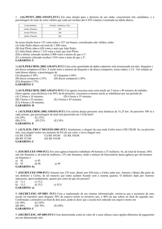 1. (AG.PENIT.-2002-AMAPÁ-FCC) Em uma eleição para a diretoria de um clube, concorreram três candidatos, e a
porcentagem do total de votos válidos que cada um recebeu dos 6 439 votantes é mostrada na tabela abaixo.
Se nessa eleição houve 132 votos nulos e 257 em branco, considerados não válidos, então
(A) João Pedro obteve um total de 1 200 votos.
(B) José Plínio obteve 620 votos a mais que João Pedro.
(C) Júlio Paulo obteve 1 210 votos a mais que José Plínio.
(D)) o último colocado recebeu 2 000 votos a menos do que o 1º.
(E) o primeiro colocado recebeu 1 010 votos a mais do que o 2º.
GABARITO: C
2.(AUX.PER.CRIM.-2002-AMAPÁ-FCC) Uma certa quantidade de dados cadastrais está armazenada em dois disquetes e
em discos compactos (CDs). A razão entre o número de disquetes e de discos compactos, nessa ordem, é 3/2 . Em relação ao
total desses objetos, a porcentagem de
(A) disquetes é 30%. (C) disquetes é 60%.
(B) discos compactos é 25%. (D) discos compactos é 30%.
(E)) disquetes é 75%.
GABARITO: C
3.(AUX.PER.CRIM.-2002-AMAPÁ-FCC) Um agente executou uma certa tarefa em 3 horas e 40 minutos de trabalho.
Outro agente, cuja eficiência é de 80% da do primeiro, executaria a mesma tarefa se trabalhasse por um período de
(A) 2 horas e 16 minutos. (D) 4 horas e 35 minutos.
(B) 3 horas e 55 minutos. (E) 4 horas e 45 minutos.
(C)) 4 horas e 20 minutos.
GABARITO: D
4. (AUX.PER.CRIM.-2002-AMAPÁ-FCC) Um ciclista deseja percorrer uma distância de 31,25 km. Se percorrer 500 m a
cada minuto, que porcentagem do total terá percorrido em 1/4 de hora?
(A) 20% (C) 22%
(B)) 21% (D) 23% (E) 24%
GABARITO: E
5. (AUX.JUD.-TRF-1ª REGIÃO-2001-FCC) Atualmente, o aluguel da casa onde Carlos mora é R$ 320,00. Se, no próximo
mês, esse aluguel sofrer um aumento de 8% do seu valor, o novo aluguel será
(A) R$ 328,00 C)) R$ 345,60 (E) R$ 358,06
(B) R$ 337,00 (D) R$ 354,90
GABARITO: C
6. (ESCRIT.CEF-1998-FCC) Em uma agência bancária trabalham 40 homens e 25 mulheres. Se, do total de homens, 80%
não são fumantes e, do total de mulheres, 12% são fumantes, então o número de funcionários dessa agência que são homens
ou fumantes é
a) 42 c) 45
b) 43 d) 48 e) 49
GABARITO: b)
7. (ESCRIT.CEF-1998-FCC) Antonio tem 270 reais, Bento tem 450 reais e Carlos nada tem. Antonio e Bento dão parte de
seu dinheiro a Carlos, de tal maneira que todos acabam ficando com a mesma quantia. O dinheiro dado por Antonio
representa, aproximadamente, quanto por cento do que ele possuía?
a) 11,1 c) 15,2
b) 13,2 d) 33,3 e) 35,5
GABARITO: a)
8. (SECRET.ESC.-SP-2003- FCC) Com a implantação de um sistema informatizado, estima-se que a secretaria de uma
escola irá transferir para disquete 30% do arquivo morto no primeiro ano, e 40% do que sobrar ao final do segundo ano.
Confirmada a estimativa ao final de dois anos, pode-se dizer que a escola terá reduzido seu arquivo morto em
(A) 30% (C) 58%
(B) 40% (D) 70% (E) 88%
GABARITO: C
9. (SECRET.ESC.-SP-2003-FCC) Uma determinada conta no valor de x reais oferece cinco opções diferentes de pagamento
em um determinado mês:
 