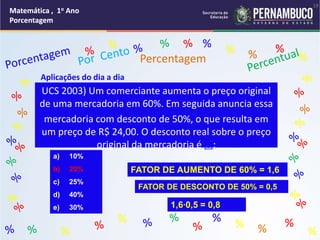 Matemática , 1o Ano
Porcentagem
19
Matemática , 1o Ano
Porcentagem
Matemática , 1o Ano
Porcentagem
Matemática , 1o Ano
Porcentagem
% %
%
% %
%
% %
%
% %
%
%
Percentagem
Aplicações do dia a dia
UCS 2003) Um comerciante aumenta o preço original
de uma mercadoria em 60%. Em seguida anuncia essa
mercadoria com desconto de 50%, o que resulta em
um preço de R$ 24,00. O desconto real sobre o preço
original da mercadoria é (3):
a) 10%
b) 20%
c) 25%
d) 40%
e) 30%
FATOR DE AUMENTO DE 60% = 1,6
FATOR DE DESCONTO DE 50% = 0,5
1,6∙0,5 = 0,8
 