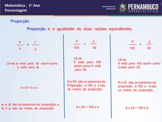 Matemática , 1o Ano
Porcentagem
8
a e d são os extremos da proporção, e
b e c são os meios da proporção.
Proporção
Proporção é a igualdade de duas razões equivalentes.
___
8
100
=
___
4
50
___
a
b
=
c
d
___
Lê-se: a está para b assim como
c está para d.
___
8
100
=
___
2
25
Lê-se:
8 está para 100 assim como
2 está para 25.
Lê-se:
8 está para 100
assim como 4 está
para 50.
8 e 25 são os extremos da
proporção, e 100 e 4 são
os meios da proporção.
8 e 50 são os extremos da
Proporção, e 100 e 4 são
os meios da proporção.
a x d = b x c
8 x 25 = 100 x 2
8 x 50 = 100 x 4
 