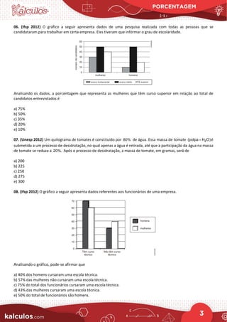 PORCENTAGEM
3
06. (Ifsp 2012) O gráfico a seguir apresenta dados de uma pesquisa realizada com todas as pessoas que se
candidataram para trabalhar em certa empresa. Eles tiveram que informar o grau de escolaridade.
Analisando os dados, a porcentagem que representa as mulheres que têm curso superior em relação ao total de
candidatos entrevistados é
a) 75%
b) 50%
c) 35%
d) 20%
e) 10%
07. (Unesp 2012) Um quilograma de tomates é constituído por 80% de água. Essa massa de tomate 2
(polpa H O)
+ é
submetida a um processo de desidratação, no qual apenas a água é retirada, até que a participação da água na massa
de tomate se reduza a 20%. Após o processo de desidratação, a massa de tomate, em gramas, será de
a) 200
b) 225
c) 250
d) 275
e) 300
08. (Ifsp 2012) O gráfico a seguir apresenta dados referentes aos funcionários de uma empresa.
Analisando o gráfico, pode-se afirmar que
a) 40% dos homens cursaram uma escola técnica.
b) 57% das mulheres não cursaram uma escola técnica.
c) 75% do total dos funcionários cursaram uma escola técnica.
d) 43% das mulheres cursaram uma escola técnica.
e) 50% do total de funcionários são homens.
 