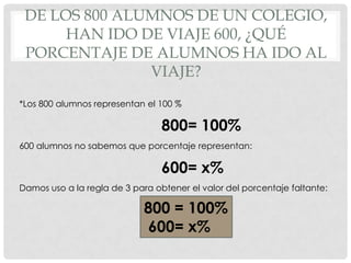 DE LOS 800 ALUMNOS DE UN COLEGIO,
      HAN IDO DE VIAJE 600, ¿QUÉ
 PORCENTAJE DE ALUMNOS HA IDO AL
               VIAJE?
*Los 800 alumnos representan el 100 %

                                 800= 100%
600 alumnos no sabemos que porcentaje representan:

                                 600= x%
Damos uso a la regla de 3 para obtener el valor del porcentaje faltante:

                             800 = 100%
                             600= x%
 
