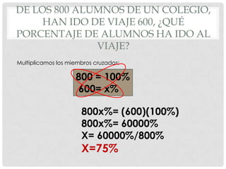 DE LOS 800 ALUMNOS DE UN COLEGIO,
     HAN IDO DE VIAJE 600, ¿QUÉ
PORCENTAJE DE ALUMNOS HA IDO AL
              VIAJE?
Multiplicamos los miembros cruzados:

                    800 = 100%
                    600= x%

                      800x%= (600)(100%)
                      800x%= 60000%
                      X= 60000%/800%
                      X=75%
 