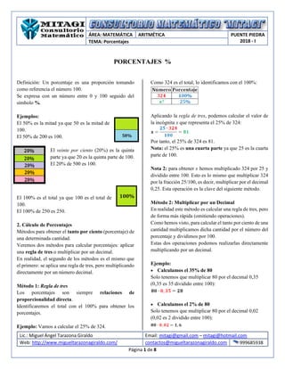 Lic.: Miguel Ángel Tarazona Giraldo Email: mitagi@gmail.com – mitagi@hotmail.com
Web: http://www.migueltarazonagiraldo.com/ contactos@migueltarazonagiraldo.com 999685938
Página 1 de 8
ÁREA: MATEMÁTICA ARITMÉTICA PUENTE PIEDRA
2018 - ITEMA: Porcentajes
PORCENTAJES %
Definición: Un porcentaje es una proporción tomando
como referencia el número 100.
Se expresa con un número entre 0 y 100 seguido del
símbolo %.
Ejemplos:
El 50% es la mitad ya que 50 es la mitad de
100.
El 50% de 200 es 100.
El veinte por ciento (20%) es la quinta
parte ya que 20 es la quinta parte de 100.
El 20% de 500 es 100.
El 100% es el total ya que 100 es el total de
100.
El 100% de 250 es 250.
2. Cálculo de Porcentajes
Métodos para obtener el tanto por ciento (porcentaje) de
una determinada cantidad.
Veremos dos métodos para calcular porcentajes: aplicar
una regla de tres o multiplicar por un decimal.
En realidad, el segundo de los métodos es el mismo que
el primero: se aplica una regla de tres, pero multiplicando
directamente por un número decimal.
Método 1: Regla de tres
Los porcentajes son siempre relaciones de
proporcionalidad directa.
Identificaremos el total con el 100% para obtener los
porcentajes.
Ejemplo: Vamos a calcular el 25% de 324.
Como 324 es el total, lo identificamos con el 100%:
Aplicando la regla de tres, podemos calcular el valor de
la incógnita x que representa el 25% de 324:
Por tanto, el 25% de 324 es 81.
Nota: el 25% es una cuarta parte ya que 25 es la cuarta
parte de 100.
Nota 2: para obtener x hemos multiplicado 324 por 25 y
dividido entre 100. Esto es lo mismo que multiplicar 324
por la fracción 25/100, es decir, multiplicar por el decimal
0,25. Esta operación es la clave del siguiente método.
Método 2: Multiplicar por un Decimal
En realidad este método es calcular una regla de tres, pero
de forma más rápida (omitiendo operaciones).
Como hemos visto, para calcular el tanto por ciento de una
cantidad multiplicamos dicha cantidad por el número del
porcentaje y dividimos por 100.
Estas dos operaciones podemos realizarlas directamente
multiplicando por un decimal.
Ejemplo:
 Calculamos el 35% de 80
Solo tenemos que multiplicar 80 por el decimal 0,35
(0,35 es 35 dividido entre 100):
 Calculamos el 2% de 80
Solo tenemos que multiplicar 80 por el decimal 0,02
(0,02 es 2 dividido entre 100):
 