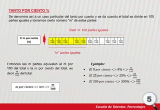 TANTO POR CIENTO %
Escuela de Talentos- Porcentajes
5
Se denomina así a un caso particular del tanto por cuanto y se da cuando el total se divide en 100
partes iguales y tomamos cierto número “m” de estas partes:
El m por ciento
(%)
Total <> 100 partes iguales
“m” partes iguales
Entonces las m partes equivalen al m por
100 del total o la m por ciento del total, es
decir
𝑚
100
del total.
𝒎 𝒑𝒐𝒓 𝒄𝒊𝒆𝒏𝒕𝒐 <> 𝒎% <>
𝒎
𝟏𝟎𝟎
Ejemplo:
 𝐸𝑙 8 𝑝𝑜𝑟 𝑐𝑖𝑒𝑛𝑡𝑜 <> 8% <>
8
100
 𝐸𝑙 25 𝑝𝑜𝑟 𝑐𝑖𝑒𝑛𝑡𝑜 <> 25% <>
25
100
 𝐸𝑙 300 𝑝𝑜𝑟 𝑐𝑖𝑒𝑛𝑡𝑜 <> 300% <>
300
100
 