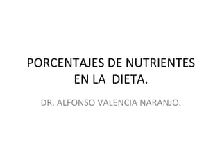 PORCENTAJES DE NUTRIENTES 
EN LA DIETA. 
DR. ALFONSO VALENCIA NARANJO. 
 
