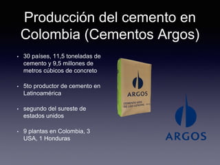 Producción del cemento en
Colombia (Cementos Argos)
• 30 países, 11,5 toneladas de
cemento y 9,5 millones de
metros cúbicos de concreto
• 5to productor de cemento en
Latinoamérica
• segundo del sureste de
estados unidos
• 9 plantas en Colombia, 3
USA, 1 Honduras
 