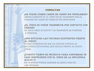 CONSULTAS ¿Se puede comer carne de cerdo sin problemas?  Absolutamente sí. El virus no se transmite por el  consumo de carne de cerdo ni sus derivados. ¿El virus se puede transmitir por contacto con  cerdos?  No. Este virus es nuevo y se transmite de persona a persona. ¿Son eficaces las vacunas existentes frente  al virus?  No hay evidencia de que la vacuna contra la  influenza estacional sea eficaz frente al nuevo virus. ¿Cuánto tiempo se necesita para confirmar un  caso sospechoso con el virus de la influenza  A(H1N1)? En 48 horas podría saberse el resultado de las pruebas . 