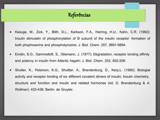 Referências

• Kasuge, M., Zick, Y., Blith, D.L., Karkson, F.A., Harring, H.U., Kahn, C.R. (1982);
  Insulin stimutalin of phosphorylation of B subunit of the insulin receptor: formation of
  both phsphoserine and phosphotyrosine; J. Biol. Chem. 257, 9891-9894.
• Emdin, S.O., Gammeltoft, S., Gliemann, J. (1977); Degradation, receptor binding affinity
  and potency in insulin from Atlantic hagsih; J. Biol. Chem. 252, 602-208.
• Shutler, K., Peterson, K.G., Shuttler, A., Brandenburg, D., Kerp,L. (1980); Biologial
  activity and receptor binding of six different covalent dimers of insulin; Insulin chemistry,
  structure and function and insulin and related hormones (ed. D. Brandenburg & A.
  Wollmer); 433-438; Berlin: de Gruyter.
 
