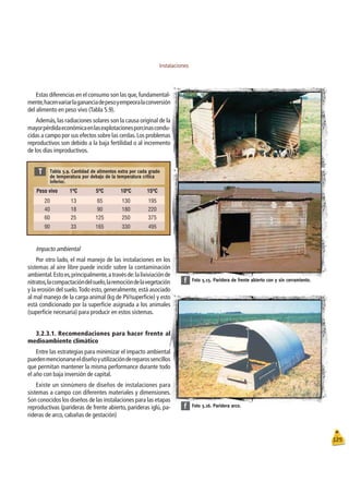 Instalaciones
125
Foto 5.16. Paridera arco.
f
Foto 5.15. Paridera de frente abierto con y sin cerramiento.
f
Estas diferencias en el consumo son las que,fundamental-
mente,hacenvariarlagananciadepesoyempeoralaconversión
del alimento en peso vivo (Tabla 5.9).
Además,las radiaciones solares son la causa original de la
mayorpérdidaeconómicaenlasexplotacionesporcinascondu-
cidas a campo por sus efectos sobre las cerdas.Los problemas
reproductivos son debido a la baja fertilidad o al incremento
de los días improductivos.
Tabla 5.9. Cantidad de alimentos extra por cada grado
de temperatura por debajo de la temperatura crítica
inferior.
T
Peso vivo 1ºC 5ºC 10ºC 15ºC
20 13 65 130 195
40 18 90 180 220
60 25 125 250 375
90 33 165 330 495
Impacto ambiental
Por otro lado, el mal manejo de las instalaciones en los
sistemas al aire libre puede incidir sobre la contaminación
ambiental.Estoes,principalmente,atravésde:lalixiviaciónde
nitratos,lacompactacióndelsuelo,laremocióndelavegetación
y la erosión del suelo.Todo esto, generalmente, está asociado
al mal manejo de la carga animal (kg de PV/superﬁcie) y esto
está condicionado por la superﬁcie asignada a los animales
(superﬁcie necesaria) para producir en estos sistemas.
3.2.3.1. Recomendaciones para hacer frente al
medioambiente climático
Entre las estrategias para minimizar el impacto ambiental
puedenmencionarseeldiseñoyutilizacióndereparossencillos
que permitan mantener la misma performance durante todo
el año con baja inversión de capital.
Existe un sinnúmero de diseños de instalaciones para
sistemas a campo con diferentes materiales y dimensiones.
Son conocidos los diseños de las instalaciones para las etapas
reproductivas (parideras de frente abierto, parideras iglú, pa-
rideras de arco, cabañas de gestación)
 