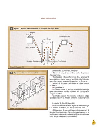 Manejo medioambiental
251
Componentes de un reactor anaerobio:
t Cámara de carga. Es por donde se realiza el ingreso del
eﬂuente a tratar.
t Reactor. Es el estanque hermético. Debe garantizar la
hermeticidaddelsistema,comoasítambiénlaaislacióntérmica,
para evitar cambios bruscos de temperatura en el proceso.
t Cámara de descarga. Es por donde se retira el eﬂuente
ya digerido.
t Purga de fangos.
t Gasómetro. Donde se realiza la acumulación del biogás
generado durante el proceso. El modelo más utilizado es la
campana invertida.
t Quemador de gases. Para realizar la combustión del gas
que se genere (si no es utilizado para otros ﬁnes energéticos)
Ventajas de la digestión anaerobia
tTransformación de desechos orgánicos (purín) en biogás
y un eﬂuente estabilizado, con menos olor que el purín.
t Mejoramiento de las condiciones higiénicas a través de
la reducción de patógenos, huevos de gusanos y moscas (el
niveldedestruccióndepatógenosvariarádeacuerdoafactores
como temperatura y tiempo de retención).
Figura 12.4. Esquema de funcionamiento de un biodigestor vertical tipo “Hindú”.
F
Estiércol
Cámara de Carga
Cámara de Digestión Pared Divisoria
Cámara de Descarga
Abono
Groppelli  Giampaolli, 2001
F Figura 12.5. : Esquema de reactor vertical.
Groppelli  Giampaolli, 2001
 