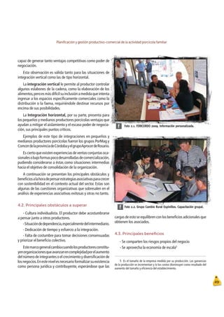 Planiﬁcación y gestión productivo-comercial de la actividad porcícola familiar
49
Foto 2.2. Grupo Cambio Rural Espinillos. Capacitación grupal.
f
Foto 2.1. FERICERDO 2009. Información personalizada.
f
capaz de generar tanto ventajas competitivas como poder de
negociación.
Esta observación es válida tanto para las situaciones de
integración vertical como las de tipo horizontal.
La integración vertical le permite al productor controlar
algunos eslabones de la cadena, como la elaboración de los
alimentos,peroesmásdifícilsuinclusiónamedidaqueintenta
ingresar a los espacios especíﬁcamente comerciales como la
distribución o la faena, requiriéndole destinar recursos por
encima de sus posibilidades.
La Integración horizontal, por su parte, presenta para
los pequeños y medianos productores porcícolas ventajas que
ayudan a mitigar el aislamiento y el escaso poder de negocia-
ción, sus principales puntos críticos.
Ejemplos de este tipo de integraciones en pequeños y
medianos productores porcícolas fueron los grupos PorMag y
ComcerdelaprovinciadeCórdobayelgrupoAprocerdeRosario.
Esciertoqueexistenexperienciasdeventasconjuntasoca-
sionalesobajoformaspocodesarrolladasdecomercialización,
pudiendo considerarse a éstas como situaciones intermedias
hacia el objetivo de consolidación de la organización.
A continuación se presentan los principales obstáculos y
beneﬁciosalahoradepensarestrategiasasociativasparacrecer
con sostenibilidad en el contexto actual del sector. Estas son
algunas de las cuestiones organizativas que sobresalen en el
análisis de experiencias asociativas exitosas y otras no tanto.
4.2. Principales obstáculos a superar
- Cultura individualista. El productor debe acostumbrarse
a pensar junto a otros productores.
-Situacióndedependencia,especialmentedelintermediario.
- Dedicación de tiempo y esfuerzo a la integración.
- Falta de costumbre para tomar decisiones consensuadas
y priorizar el beneﬁcio colectivo.
Estemarcogeneralcambiacuandolosproductoresconstitu-
yenorganizacionesqueavanzanencomplejidadporelaumento
delnúmerodeintegrantesoelcrecimientoydiversiﬁcaciónde
losnegocios.Enestenivelesnecesarioformalizarsuexistencia
como persona jurídica y contribuyente, esperándose que las
cargas de esto se equilibren con los beneﬁcios adicionales que
obtienen los asociados.
4.3. Principales beneﬁcios
- Se comparten los riesgos propios del negocio
- Se aprovecha la economía de escala5
5 Es el tamaño de la empresa medida por su producción. Las ganancias
de la producción se incrementan y /o los costos disminuyen como resultado del
aumento del tamaño y eﬁciencia del establecimiento.
 
