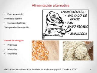• Peso a mercado.
Promedio optimo
• Fases productivas:
5 etapas de alimentación.
Fuente de energías:
• Proteínas
• Minerales
• Vitaminas
Guía técnica para alimentación de cerdos. Dr. Carlos Campagadal. Costa Rica. 2009
Alimentación alternativa
 