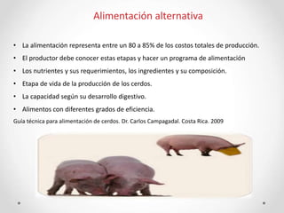• La alimentación representa entre un 80 a 85% de los costos totales de producción.
• El productor debe conocer estas etapas y hacer un programa de alimentación
• Los nutrientes y sus requerimientos, los ingredientes y su composición.
• Etapa de vida de la producción de los cerdos.
• La capacidad según su desarrollo digestivo.
• Alimentos con diferentes grados de eficiencia.
Guía técnica para alimentación de cerdos. Dr. Carlos Campagadal. Costa Rica. 2009
Alimentación alternativa
 