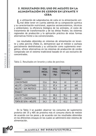 ALIMENTACIÓN DE CERDOS 
5. RESULTADOS DEL USO DE MELOTE EN LA 
ALIMENTACIÓN DE CERDOS EN LEVANTE Y 
CEBA 
La utilización de subproductos de caña en la alimentación ani-mal 
debe tener en cuenta además de su composición química 
y su caracterización nutricional, aspectos socioeconómicos, técnicos 
y ambientales; la eficiencia biológica de los animales, el costo de 
tratamiento de transformación y de las dietas finales; los sistemas 
regionales de producción y la aplicación práctica de estas formas 
alternativas frente a las convencionales. 
Los resultados obtenidos en sistemas de alimentación en levan-te 
y ceba porcina (Tabla 2), demuestran que el melote o cachaza 
parcialmente deshidratada y su utilización como suplemento ener-gético, 
ofrece alternativas en los sistemas de producción de cerdos 
comparada con el sistema tradicional basado en el uso exclusivo de 
concentrados. 
2 
MÓDULO Tabla 2. Resultados en levante y ceba de porcinos 
PESO 
PESO 
ENSAYO 
INICIAL 
FINAL 
GANANCIA 
(kg) 
(kg) 
PESO (kg) 
40 MANUAL DE PORCICULTURA GANANCIA 
g/d 
Ensayo 1 
CONCENTRADO 23,6 84,6 61 617 
MELOTE + CONCENTRADO 23,3 87,4 64 640 
MELOTE + SUP. PROTEICO 23,5 90,5 67 670 
Ensayo 2 
CONCENTRADO 25,3 80,6 55,2 659 
MELOTE + CONCENTRADO 24,6 80,3 55,6 662 
TORTA DE SOYA + MELOTE 24,3 87,6 63,2 753 
En la Tabla 3 se pueden observar los consumos de suplemento 
proteico del 35 y 40% de proteína más el consumo diario de melote 
de acuerdo con los pesos y de acuerdo con los resultados obtenidos 
en los diferentes ensayos en los cuales se administró este sistema de 
alimentación. 
 