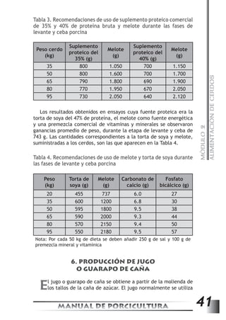 MÓDULO 2 
ALIMENTACIÓN DE CERDOS 
Tabla 3. Recomendaciones de uso de suplemento proteico comercial 
de 35% y 40% de proteína bruta y melote durante las fases de 
levante y ceba porcina 
Peso cerdo 
Los resultados obtenidos en ensayos cuya fuente proteica era la 
torta de soya del 47% de proteína, el melote como fuente energética 
y una premezcla comercial de vitaminas y minerales se observaron 
ganancias promedio de peso, durante la etapa de levante y ceba de 
743 g. Las cantidades correspondientes a la torta de soya y melote, 
suministradas a los cerdos, son las que aparecen en la Tabla 4. 
MANUAL DE PORCICULTURA 41 
(kg) 
Suplemento 
proteico del 
35% (g) 
Melote 
(g) 
Suplemento 
proteico del 
40% (g) 
Melote 
(g) 
35 800 1.050 700 1.150 
50 800 1.600 700 1.700 
65 790 1.800 690 1.900 
80 770 1.950 670 2.050 
95 730 2.050 640 2.120 
Tabla 4. Recomendaciones de uso de melote y torta de soya durante 
las fases de levante y ceba porcina 
Peso 
(kg) 
Torta de 
soya (g) 
Melote 
(g) 
Carbonato de 
calcio (g) 
Fosfato 
bicálcico (g) 
20 455 737 6.0 27 
35 600 1200 6.8 30 
50 595 1800 9.5 38 
65 590 2000 9.3 44 
80 570 2150 9.4 50 
95 550 2180 9.5 57 
Nota: Por cada 50 kg de dieta se deben añadir 250 g de sal y 100 g de 
premezcla mineral y vitamínica 
6. PRODUCCIÓN DE JUGO 
O GUARAPO DE CAÑA 
El jugo o guarapo de caña se obtiene a partir de la molienda de 
los tallos de la caña de azúcar. El jugo normalmente se utiliza 
 