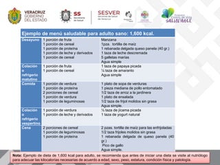 Ejemplo de menú saludable para adulto sano: 1,600 kcal.
Desayuno 1 porción de fruta
1 porción de cereal
1 porción de proteína
1 porción de leche y derivados
1 porción de cereal
Manzana
1pza. tortilla de maíz
1 rebanada delgada queso panela (40 gr.)
1 taza de leche descremada
5 galletas marías
Agua simple
Colación
o
refrigerio
matutino
1 porción de fruta
1 porción de cereal
1 taza de papaya picada
¼ taza de amaranto
Agua simple
Comida 1 porción de verdura
1 porción de proteína
2 porciones de cereal
1 porción de verdura
1 porción de leguminosas
1 plato de sopa de verduras
1 pieza mediana de pollo entomatado
1/2 taza de arroz a la jardinera
1 plato de ensalada
1/2 taza de frijol molidos sin grasa
Agua simple.
Colación
o
refrigerio
vespertino
1 porción de verdura
1 porción de leche y derivados
½ taza de jícama picada
1 taza de yogurt natural
Cena 2 porciones de cereal
1 porción de leguminosas
1 porción de proteína
2 pzas. tortilla de maíz para las enfrijoladas
1/2 taza frijoles molidos sin grasa
1 rebanada delgada de queso panela (40
gr.)
Pico de gallo
Agua simple.
Nota: Ejemplo de dieta de 1,600 kcal para adulto, se recomienda que antes de iniciar una dieta se visite al nutriólogo
para adecuar las kilocalorías necesarias de acuerdo a edad, sexo, peso, estatura, condición física y patología.
 
