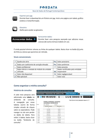 Base de Dados de Portugal Contemporâneo

        Exportar para jpg:
        Permite fazer o download de um ficheiro em jpg. Inclui uma página com tabela, gráfico
        estático e metainformação.


        Glossário:
        Atalho para aceder ao glossário.


                                 Acrescentar dados:
                                 Permite fazer uma pesquisa avançada que adiciona novas
                                 colunas (de outros temas) à tabela em uso.



É ainda possível eliminar colunas ou linhas de qualquer tabela. Basta clicar no botão (-) junto
da linha ou coluna que queremos ver retirada.

Sinais convencionais:

 ┴ Quebra de série                                    Pro Valor provisório
 § Dado com coeficiente de variação elevado           Pre Valor preliminar
... Dado confidencial                                  f Valor previsto
    Dado inferior a metade do módulo da unidade           Dados rectificados pela entidade
 e utilizada                                          (R) responsável
 x Valor não disponível                                N Valor negligenciável
// Não aplicável                                       - Valor nulo




Como organizar a minha consulta?

Histórico de consultas

A cada nova pesquisa será
adicionada uma tabela no
ambiente de consulta.
A navegação por essas
tabelas ocorre de forma
simples através de cliques
sobre os separadores. Pode
navegar no site sem perder
os dados da tabela. Para
voltar à tabela, basta clicar
no botão “Ambiente de
consulta”.




                                                                             12
 