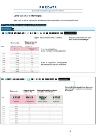 Base de Dados de Portugal Contemporâneo

Como trabalhar a informação?
Após a sua pesquisa, o resultado será apresentado numa tabela com os dados solicitados.




                                                                           9
 