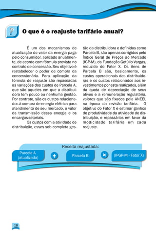 É um dos mecanismos de tão da distribuidora e definidos como
atualização do valor da energia paga Parcela B, são apenas corrigidos pelo
pelo consumidor, aplicado anualmen- Índice Geral de Preços ao Mercado
te, de acordo com fórmula prevista no (IGP-M), da Fundação Getúlio Vargas,
contrato de concessão. Seu objetivo é reduzido do Fator X. Os itens de
restabelecer o poder de compra da Parcela B são, basicamente, os
concessionária. Para aplicação da custos operacionais das distribuido-
fórmula de reajuste são repassadas ras e os custos relacionados aos in-
as variações dos custos de Parcela A, vestimentos por esta realizados,além
que são aqueles em que a distribui- da quota de depreciação de seus
dora tem pouco ou nenhuma gestão. ativos e a remuneração regulatória,
Por contrato, são os custos relaciona- valores que são fixados pela ANEEL
dos à compra de energia elétrica para na época da revisão tarifária. O
atendimento de seu mercado, o valor objetivo do Fator X é estimar ganhos
da transmissão dessa energia e os de produtividade da atividade de dis-
encargossetoriais. tribuição, e repassá-los em favor da
Os custos com a atividade de modicidade tarifária em cada
distribuição, esses sob completa ges- reajuste.
O que é o reajuste tarifário anual?
+
+
Parcela A
(atualizada) Parcela B (IPGP-M - Fator X)
Receita reajustada:
18
 