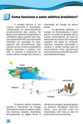 A energia elétrica é um importação da energia de outros
insumo essencial à sociedade, países.
indispensável ao desenvolvimento As geradoras produzem a
socioeconômico das nações. No energia, as transmissoras a trans-
Brasil, a principal fonte de geração é a portam do ponto de geração até os
hidrelétrica (água corrente dos rios), centros consumidores, de onde as
que responde por 65% da capacidade distribuidoras a levam até a casa dos
instalada em operação no país, cidadãos. Há ainda as comercia-
seguida das termelétricas (gás lizadoras, empresas autorizadas a
natural, carvão mineral, combustíveis comprar e vender energia para os
fósseis, biomassa e nuclear), com consumidores livres (geralmente
28%. O restante é proveniente de consumidores que precisam de maior
usinas eólicas (energia dos ventos) e quantidadedeenergia).
O sistema elétrico brasileiro trânsito da energia é possível graças
permite o intercâmbio da energia ao Sistema Interligado Nacional
produzida em todas as regiões, exceto (SIN), uma grande rede de
nos sistemas isolados, localizados transmissão, com mais de 100 mil
principalmente na região Norte. O quilômetros(km)deextensão.
Como funciona o setor elétrico brasileiro?
DISTRIBUIÇÃO
GERAÇÃO
TRANSMISSÃO
COMERCIALIZAÇÃO
06
 