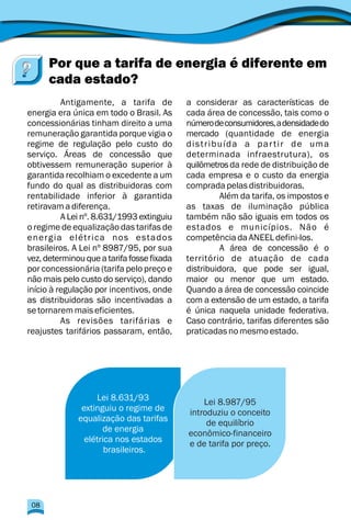 Antigamente, a tarifa de a considerar as características de
energia era única em todo o Brasil. As cada área de concessão, tais como o
concessionárias tinham direito a uma númerodeconsumidores,adensidadedo
remuneração garantida porque vigia o mercado (quantidade de energia
regime de regulação pelo custo do distribuída a partir de uma
serviço. Áreas de concessão que determinada infraestrutura), os
obtivessem remuneração superior à quilômetrosda rede de distribuição de
garantida recolhiam o excedente a um cada empresa e o custo da energia
fundo do qual as distribuidoras com compradapelasdistribuidoras.
rentabilidade inferior à garantida Além da tarifa, os impostos e
retiravamadiferença. as taxas de iluminação pública
A Lei nº. 8.631/1993 extinguiu também não são iguais em todos os
o regime de equalização das tarifas de estados e municípios. Não é
energia elétrica nos estados competênciadaANEELdefini-los.
brasileiros. A Lei nº 8987/95, por sua A área de concessão é o
vez,determinouqueatarifafossefixada território de atuação de cada
por concessionária (tarifa pelo preço e distribuidora, que pode ser igual,
não mais pelo custo do serviço), dando maior ou menor que um estado.
início à regulação por incentivos, onde Quando a área de concessão coincide
as distribuidoras são incentivadas a com a extensão de um estado, a tarifa
setornaremmaiseficientes. é única naquela unidade federativa.
As revisões tarifárias e Caso contrário, tarifas diferentes são
reajustes tarifários passaram, então, praticadasnomesmoestado.
Por que a tarifa de energia é diferente em
cada estado?
Lei 8.631/93
extinguiu o regime de
equalização das tarifas
de energia
elétrica nos estados
brasileiros.
Lei
ntroduziu o conceito
de equilíbrio
econômico-financeiro
e de tarifa por preço.
8.987/95
i
08
 