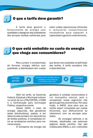O que a tarifa deve garantir?
A tarifa deve garantir o cobrir custos operacionais eficientes
fornecimento de energia com e remunerar investimentos
qualidade e assegurar aos prestadores necessários para expandir a
dos serviços receitas suficientes para capacidadeegarantiroatendimento.
Para cumprir o compromisso que devem ser avaliados na definição
de fornecer energia elétrica com das tarifas. A tarifa considera três
qualidade, a distribuidora tem custos custosdistintos:
O que está embutido no custo da energia
que chega aos consumidores?
energia
gerada
transporte de energia até as
unidades consumidoras
transmissão e distribuição
encargos
setoriais+ +
Além da tarifa, os Governos geradora à unidade consumidora) é
Federal, Estadual e Municipal cobram um monopólio natural, pois a
na conta de luz o PIS/COFINS, o ICMS competição nesse segmento não
e a Contribuição para Iluminação geraria ganhos econômicos. Por essa
Pública,respectiva-mente. razão, a ANEEL atua para que as
Desde 2004, o valor da tarifas sejam compostas por custos
energia adquirida, das geradoras eficientes, que efetivamente se
pelas distribuidoras, passou a ser relacionem com os serviços pres-
determinado também em decorrência tados.
de leilões públicos. A competição en- Os encargos setoriais e os
tre os vendedores contribui para me- tributos, detalhados nas próximas
norespreços. páginas desta cartilha, não são
O transporte da energia (da criados pela ANEEL e, sim, instituídos
09
 