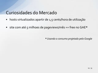 hosts virtualizados apartir de 1,5 cents/hora de utilizaçãosite com até 5 milhoes de pageviews/mês == free no GAE** Usando o consumo projetado pelo GoogleCuriosidades do Mercado19 - 33
