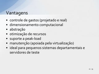 controle de gastos (projetado e real)dimensionamento computacionalabstraçãootimização de recursossuporte a peak-loadmanutenção (apoiada pela virtualização)ideal para pequenos sistemas departamentais e servidores de testeVantagens21 - 33