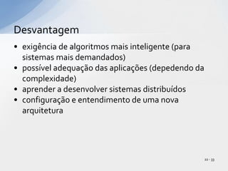 exigência de algoritmos mais inteligente (para sistemas mais demandados)possível adequação das aplicações (depedendo da complexidade)aprender a desenvolver sistemas distribuídosconfiguração e entendimento de uma nova arquiteturaDesvantagem22 - 33