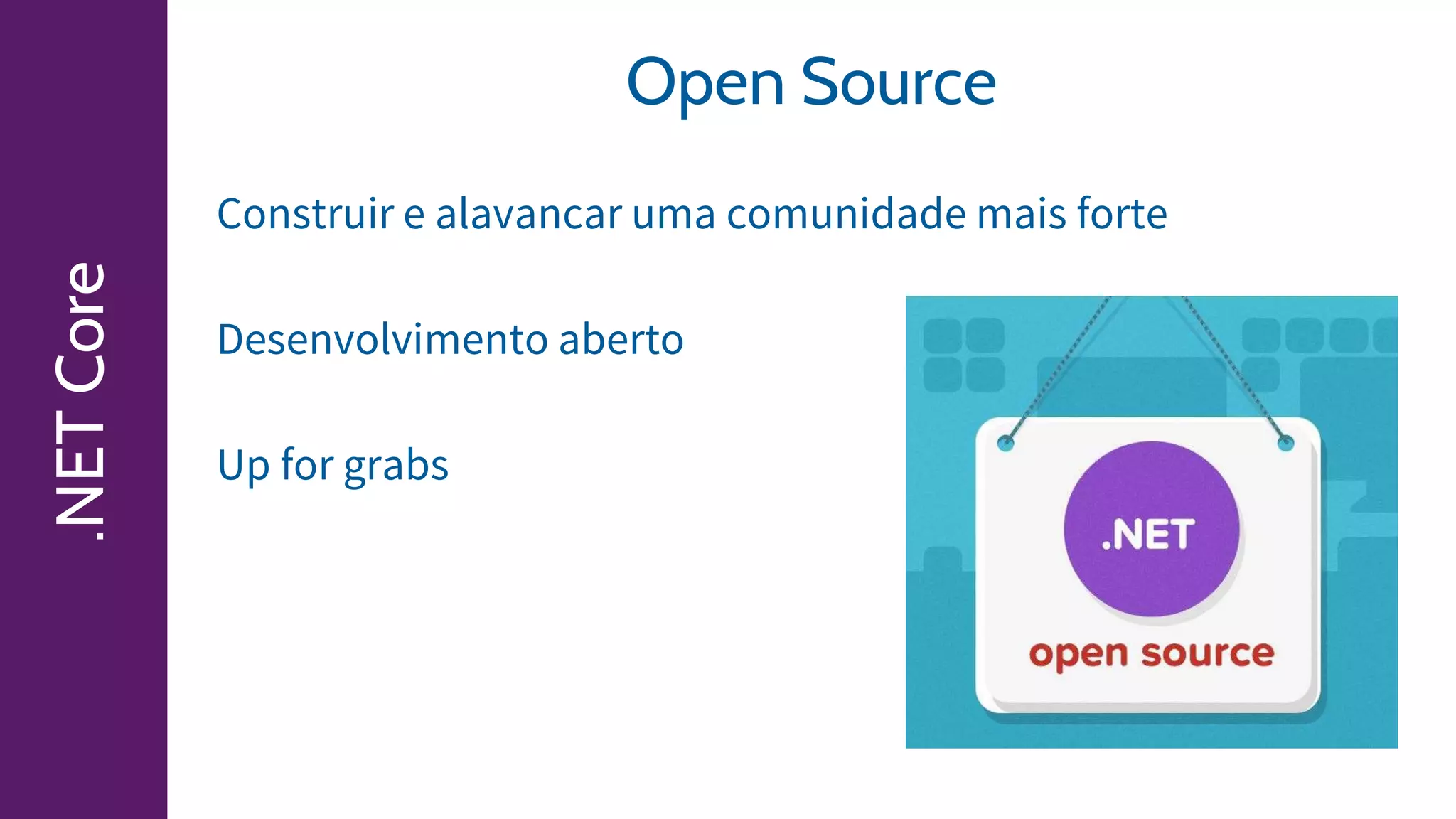 .NETCore
Construir e alavancar uma comunidade mais forte
Desenvolvimento aberto
Up for grabs
Sobre nós
Open Source
 
