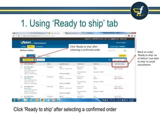 1. Using ‘Ready to ship’ tab
Click 'Ready to ship' after selecting a confirmed order
Click 'Ready to ship' after
selecting a confirmed order
Mark an order
'Ready to ship' on
or before 'Last date
to ship' to avoid
cancellation
 