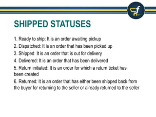 1. Ready to ship: It is an order awaiting pickup
2. Out for pick up: It is an order for which the pick up is scheduled
3. Pick up failed : Its an order for which the pick up was unsuccessful
4. Dispatched: It is an order that has been picked up
5. Shipped: It is an order that is out for delivery
6. Delivered: It is an order that has been delivered
SHIPPED STATUSES
 