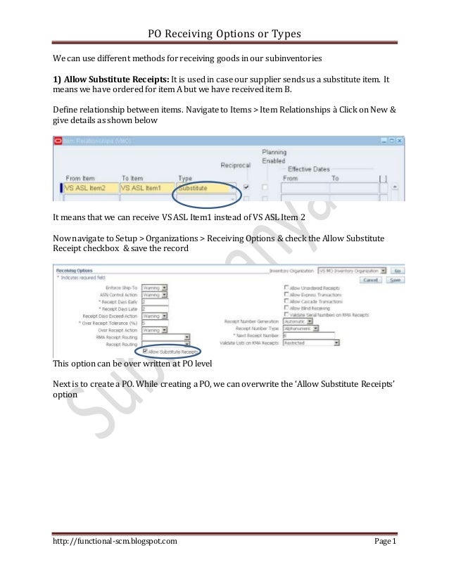 purchase po receiving options or types received of receipt