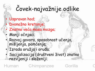 Čovek-najvažnije odlike
• Uspravan hod;
• Dvonožno kretanje;
• Znatno veća masa mozga;
• Manji očnjaci;
• Razvoj govora, sposobnost učenja,
mišljenja, pamćenja;
• Izrada oružja i oruđa;
• Socijalizacija (društveni život) znatno
razvijeniji i složeniji.
 
