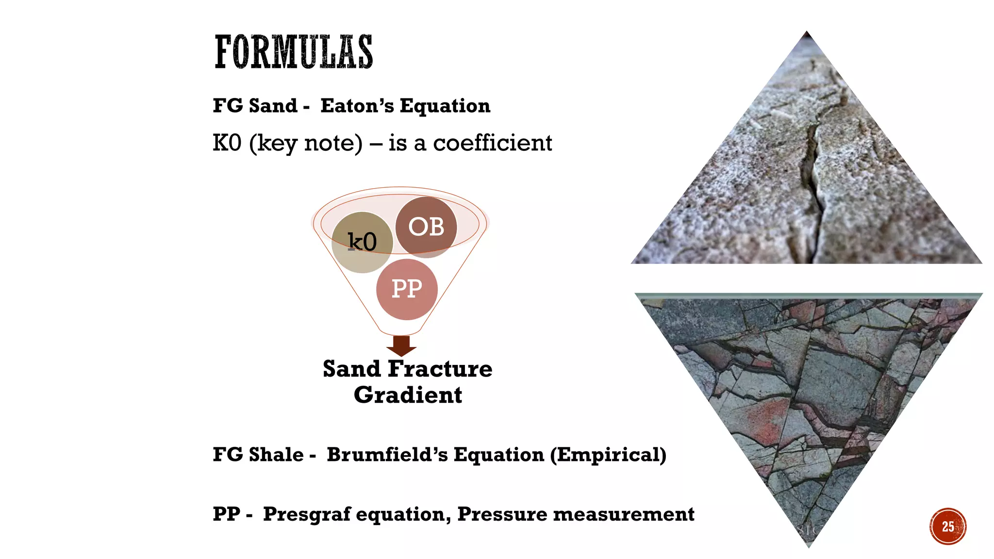 FG Sand - Eaton’s Equation
K0 (key note) – is a coefficient
FG Shale - Brumfield’s Equation (Empirical)
PP - Presgraf equation, Pressure measurement
Sand Fracture
Gradient
PP
k0
OB
25
 