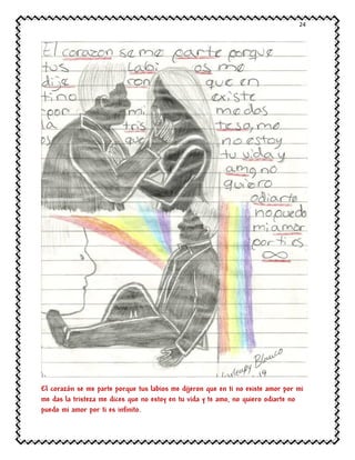 24
El corazón se me parte porque tus labios me dijeron que en ti no existe amor por mi
me das la tristeza me dices que no estoy en tu vida y te amo, no quiero odiarte no
puedo mi amor por ti es infinito.
 