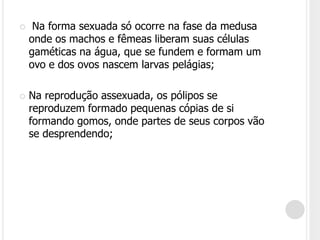  Na forma sexuada só ocorre na fase da medusa
onde os machos e fêmeas liberam suas células
gaméticas na água, que se fundem e formam um
ovo e dos ovos nascem larvas pelágias;
 Na reprodução assexuada, os pólipos se
reproduzem formado pequenas cópias de si
formando gomos, onde partes de seus corpos vão
se desprendendo;
 