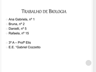 TRABALHO DE BIOLOGIA
 Ana Gabriela, nº 1
 Bruna, nº 2
 Danielli, nº 5
 Rafaela, nº 15
 3º A – Profª Elis
 E.E. “Gabriel Cozzetto
 