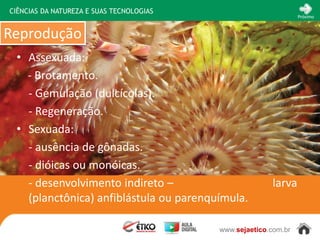 CIÊNCIAS DA NATUREZA E SUAS TECNOLOGIAS
                                                                 Próximo



Reprodução
 • Assexuada:
   - Brotamento.
   - Gemulação (dulcícolas).
   - Regeneração.
 • Sexuada:
   - ausência de gônadas.
   - dióicas ou monóicas.
   - desenvolvimento indireto –                         larva
   (planctônica) anfiblástula ou parenquímula.

                                          www.sejaetico.com.br
 