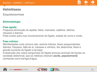 BIOLOGIA » CADERNO 6 » CAPÍTULO 2
                                                                   Início   Voltar   Próximo



Helmitíases
Esquistossomose

Sintomatologia

Fase aguda:
Fraqueza,diminuição do apetite, febre, mal-estar, calafrios, delírios,
náuseas e diarreia.
Pode evoluir para mau funcionamento do fígado, estado de coma e morte.

Fase crônica:
Manifestações mais comuns são: anemia intensa, fezes sanguinolentas,
diarreia, fraqueza, falta de ar, náuseas e vômitos, dor abdominal, febre e
grande aumento do fígado e do baço.
A obstrução dos vasos sanguíneos do fígado provoca acúmulo de líquido na
cavidade abdominal, que os médicos chamam ascite, popularmente
conhecida como barriga-d’água.



      www.sejaetico.com.br                                                            29
 