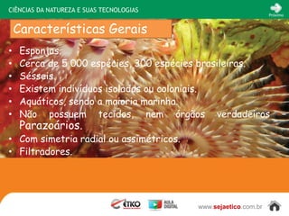 CIÊNCIAS DA NATUREZA E SUAS TECNOLOGIAS
                                                                 Próximo



    Características Gerais
•    Esponjas.
•    Cerca de 5 000 espécies, 300 espécies brasileiras.
•    Sésseis.
•    Existem indivíduos isolados ou coloniais.
•    Aquáticos, sendo a maioria marinha.
•    Não possuem tecidos, nem órgãos verdadeiros                       –
     Parazoários.
• Com simetria radial ou assimétricos.
• Filtradores.




                                          www.sejaetico.com.br
 