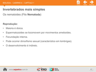 BIOLOGIA » CADERNO 6 » CAPÍTULO 1
                                                                  Início   Voltar   Próximo



Invertebrados mais simples
Os nematoides (Filo Nematoda)


Reprodução:
• Maioria é dioica.
• Espermatozoides se locomovem por movimentos ameboides.
• Fecundação interna.
• Pode ocorrer dimorfismo sexual (característico em lombrigas).
• O desenvolvimento é indireto.




      www.sejaetico.com.br                                                           42
 